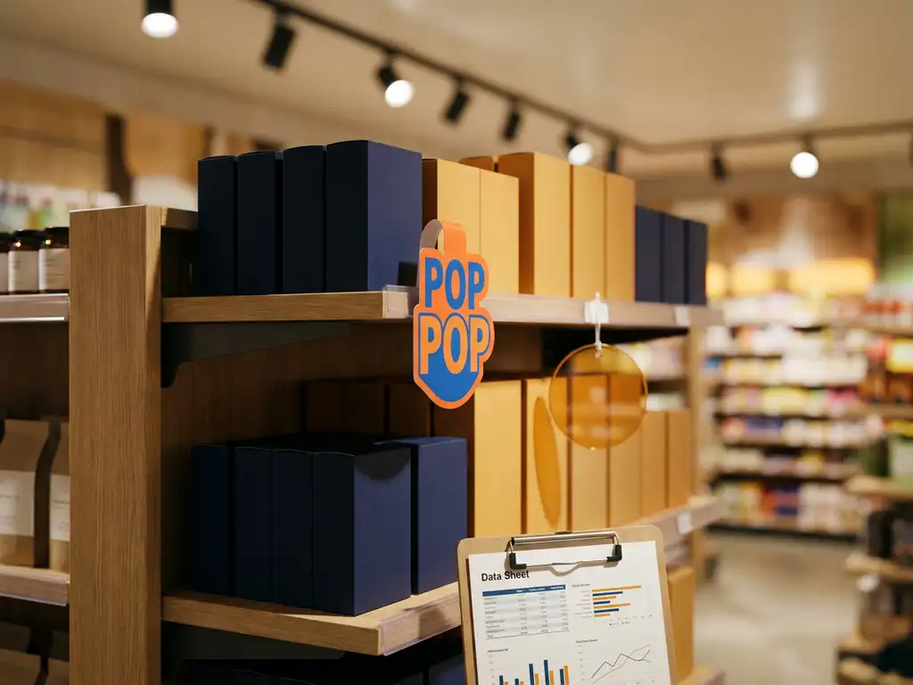 Exhibidor de estante con stopper POP, dangler promocional y portapapeles con hoja de rendimiento, iluminación cálida en tienda minorista.