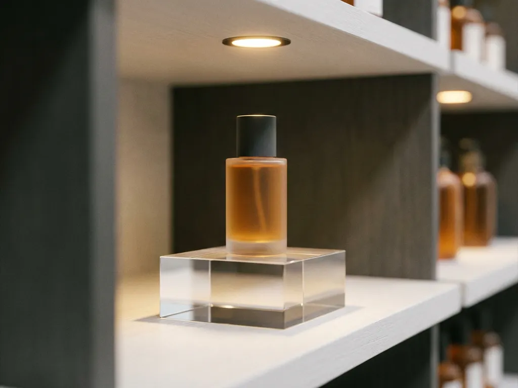 Exhibidor acrílico glorifier con botella premium iluminada por spotlight cálido en estante minimalista de venta al detalle.