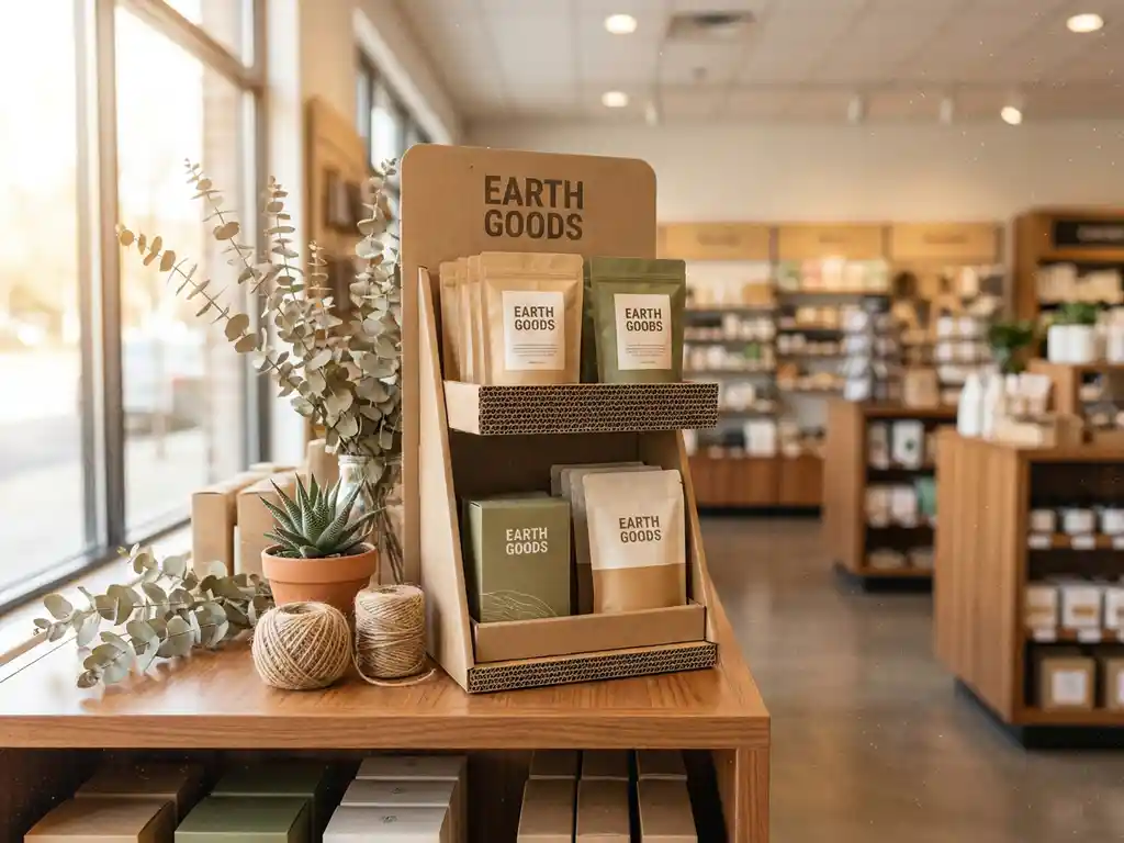 Expositor POP ecológico de cartón reciclado y papel kraft en estantería minimalista, con suculenta y elementos botánicos secos bajo luz cálida natural.