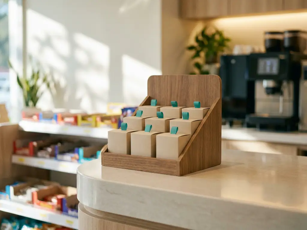 Exhibidor de mostrador compacto con cajas de productos ordenadas en tonos beige y verde azulado, ambiente de tienda moderno desenfocado al fondo.