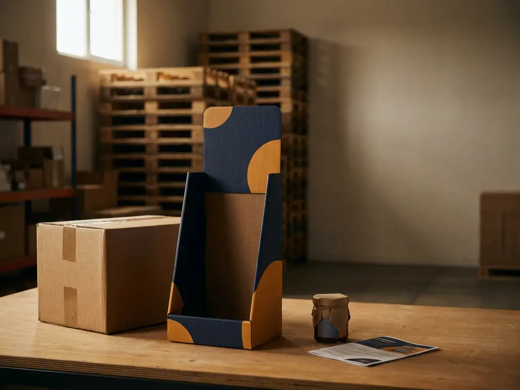 Exhibidor POP impreso junto a caja de envío sellada en mesa de almacén, con muestra de producto y folleto, iluminación lateral cálida.