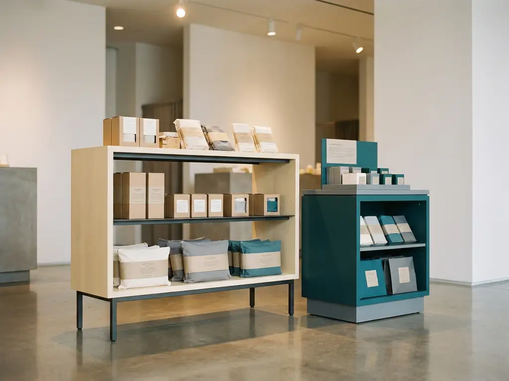 Expositor de producto vertical y exhibidor de mostrador sobre suelo de hormigón pulido, iluminación cálida y ambiente minimalista de tienda moderna.