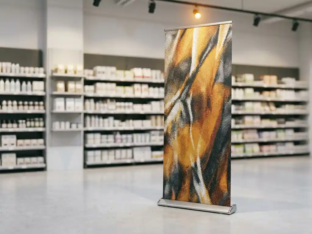 Soporte de banner retráctil extendido en pasillo de tienda moderna, con panel gráfico iluminado por foco cálido y estantes desenfocados al fondo.