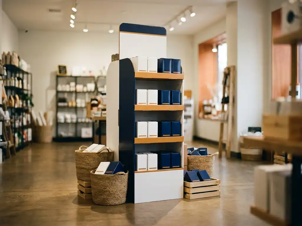Expositor de suelo independiente en tienda minorista con packaging organizado, iluminación cálida y tonos blancos y azul marino.