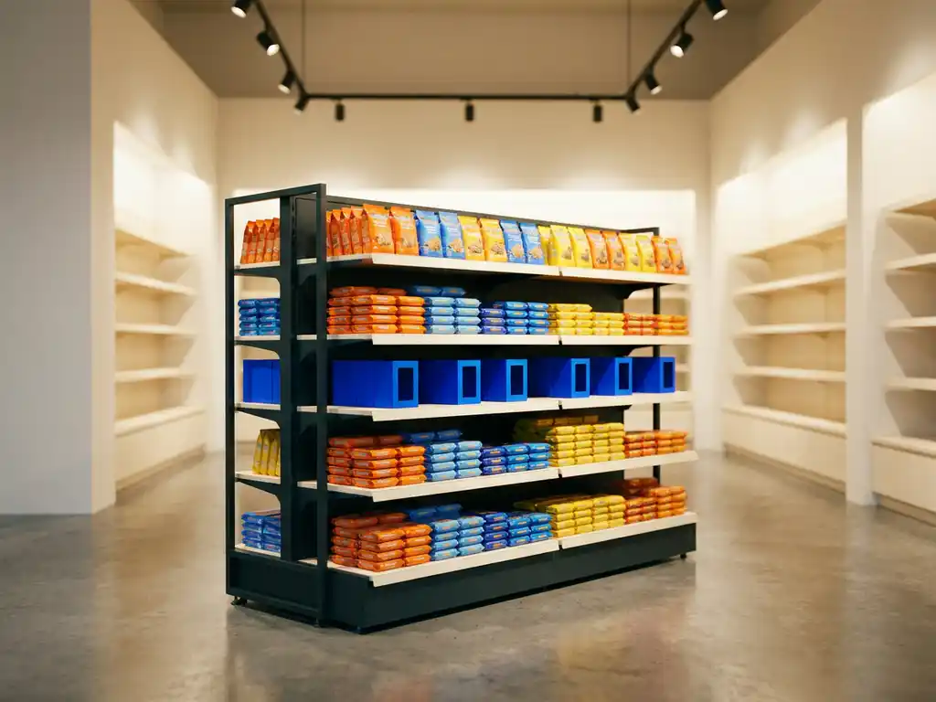 Exhibidor minorista con productos coloridos en pasillo de tienda con piso de concreto pulido e iluminación cálida natural.