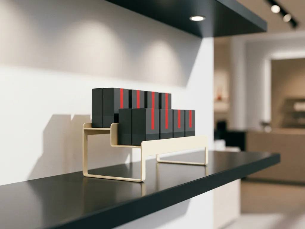Exhibidor minorista moderno con cajas de productos ordenadas en estante blanco, iluminación focal cálida y detalle en rojo vivo.