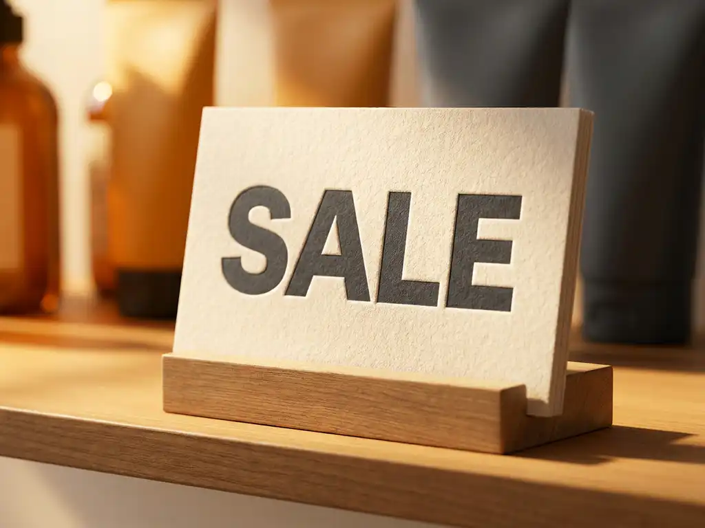 Expositor de tienda con tarjeta promocional de tipografía en tonos ámbar y carbón, iluminación cálida y papel satinado en primer plano.