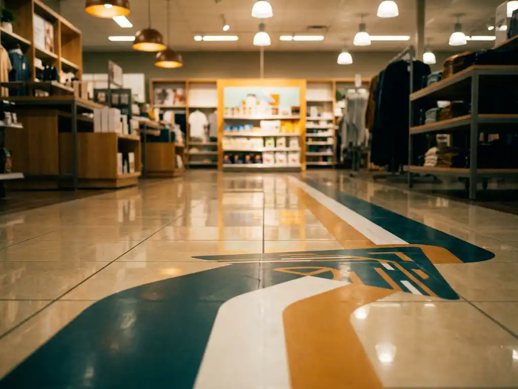 Flecha de vinilo color verde azulado en el suelo de una tienda minorista dirigiendo clientes hacia una exhibición de productos, vista desde ángulo bajo.