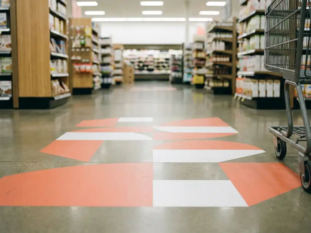 Calcomanía de piso con formas geométricas en coral y blanco aplicada en pasillo de tienda minorista, estanterías desenfocadas al fondo.