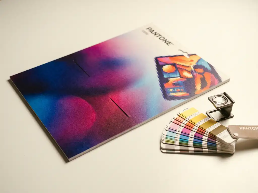 Tarjeta POP impresa con transición entre impresión offset y digital, junto a abanico de colores y lupa sobre superficie blanca.