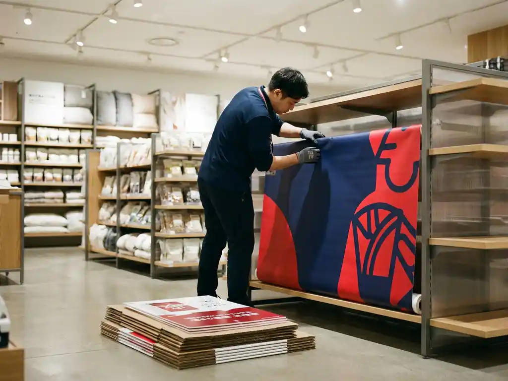 Trabajador minorista instalando un banner promocional en rojo y azul marino en un estante de tienda moderna con materiales POP apilados al fondo.