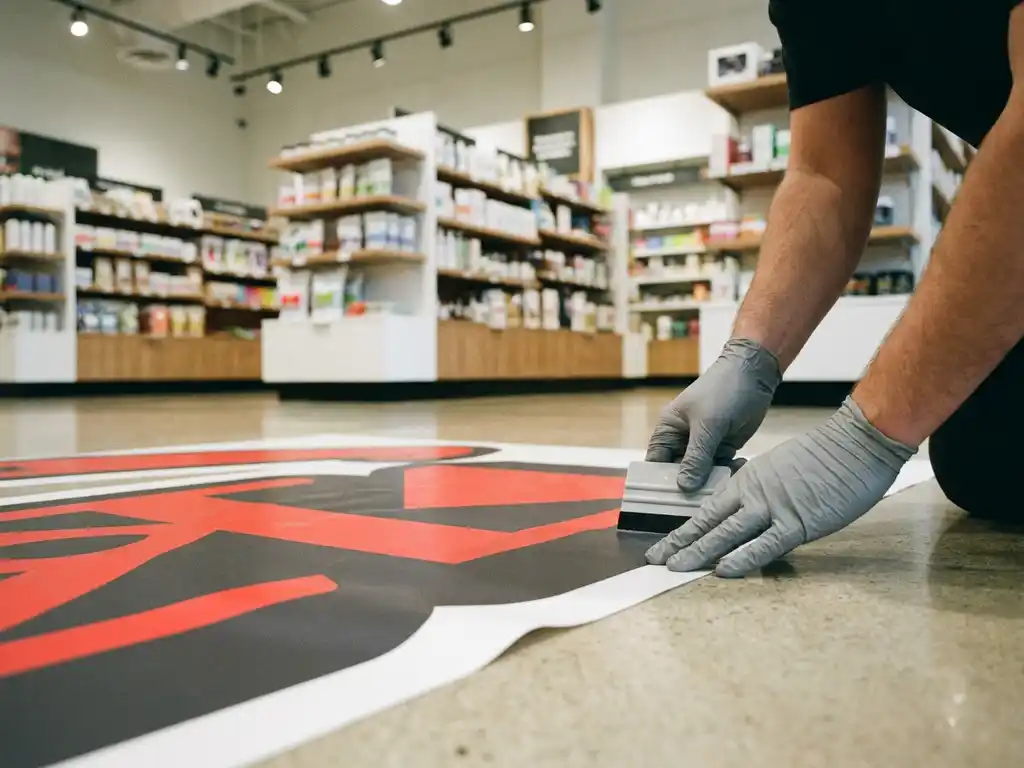 Técnico con guantes aplicando gráfico de piso rojo en tienda minorista con escobilla de goma, estanterías desenfocadas al fondo.
