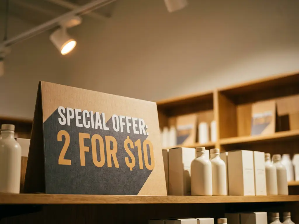 Cartel de precio promocional en estante de tienda con productos organizados, iluminación cálida y fondo desenfocado.