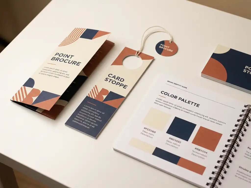 Materiales POP impresos —brochure, stopper y dangler— junto a guía de identidad de marca abierta en paleta de colores, sobre fondo blanco.