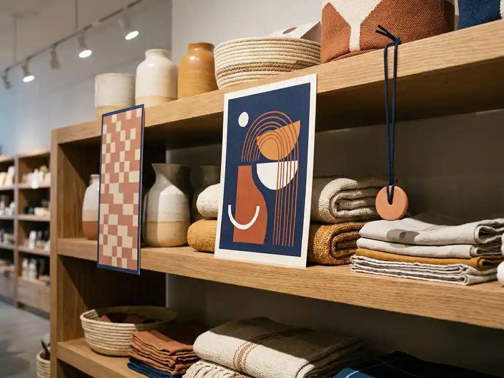 Estante de tienda con tres materiales POP: stopper mate premium, flyer colorido y dangler minimalista, en tonos terracota y azul marino.