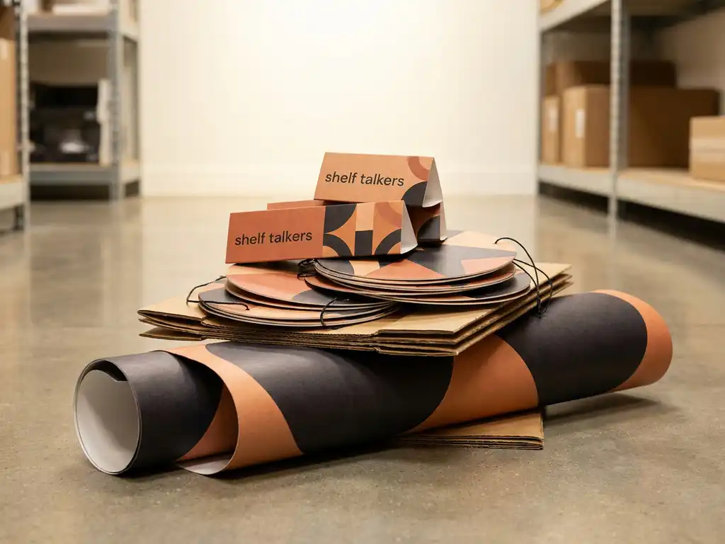 Displays POP impresos apilados —shelf talkers, colgantes y gráfico de piso— sobre superficie de concreto en trastienda comercial iluminada.