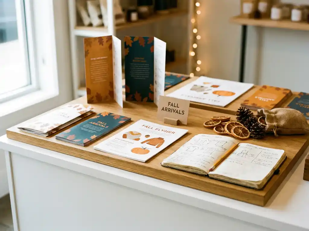 Mesa de mostrador blanco con materiales POP navideños —flyers, folletos y tarjeta stopper— junto a cuaderno de planificación abierto, tonos ámbar y verde azulado.
