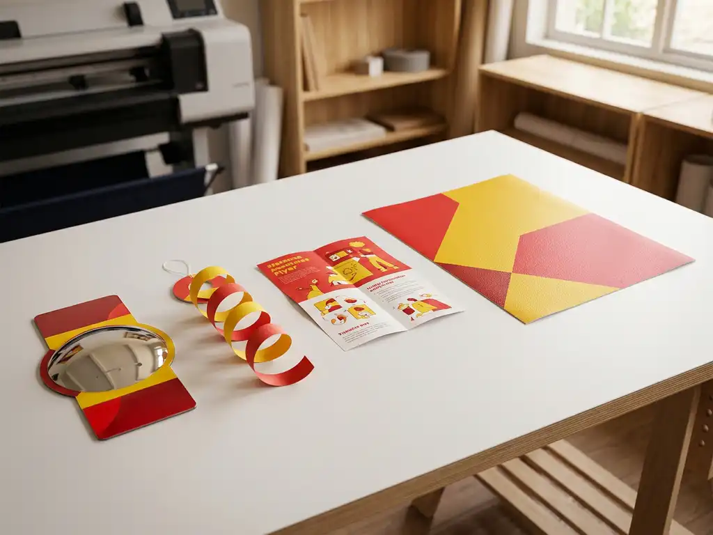Materiales de señalización retail en flat lay: stopper, dangler, flyer y gráfico de suelo sobre superficie blanca en estudio de impresión.