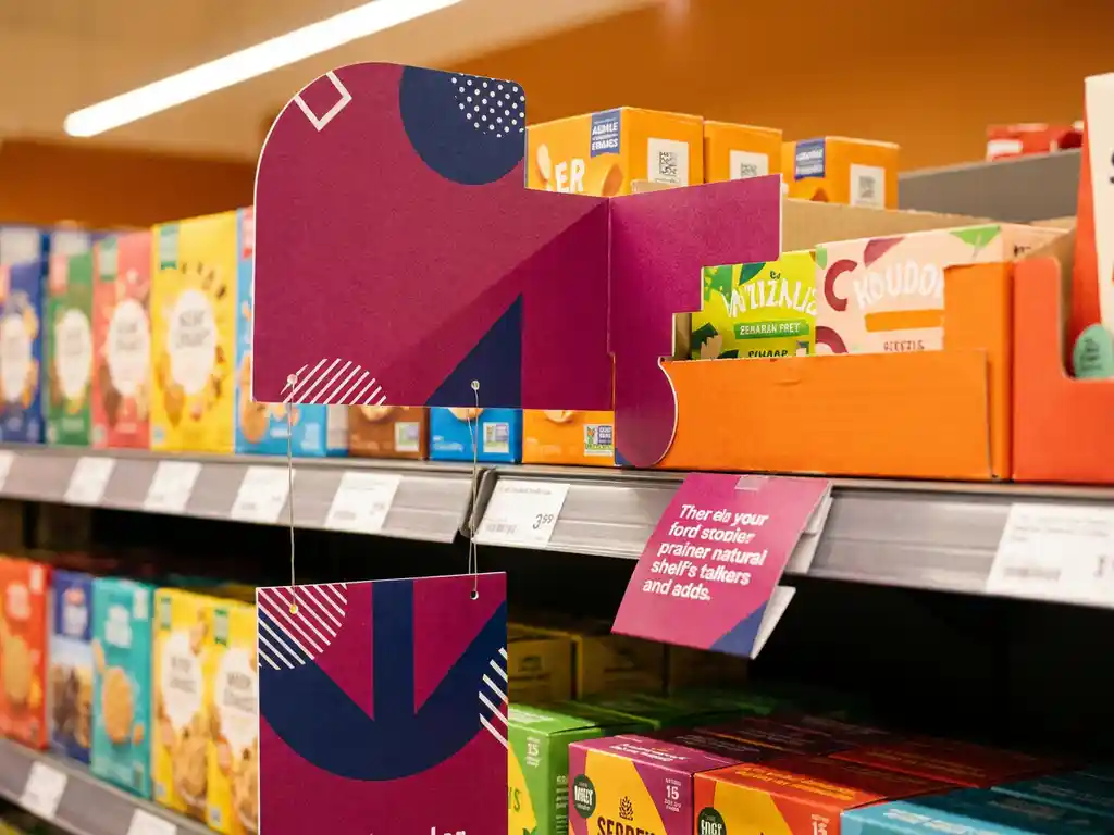 Estante de tienda con señalización POP en magenta y azul marino: stopper, dangler y shelf talker en campaña cohesiva bajo iluminación cálida.