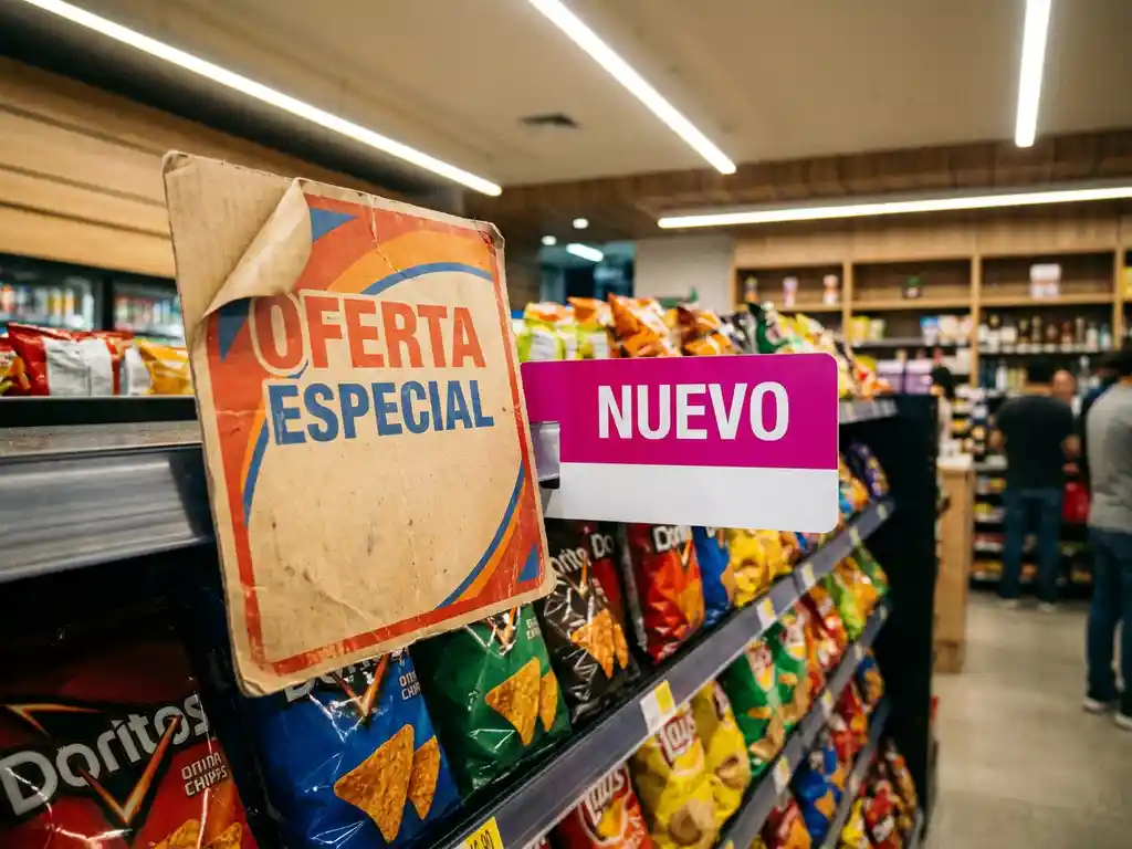 Exhibidor de tienda de conveniencia mexicana con señalización POP desgastada junto a stopper impreso en magenta vibrante y blanco.