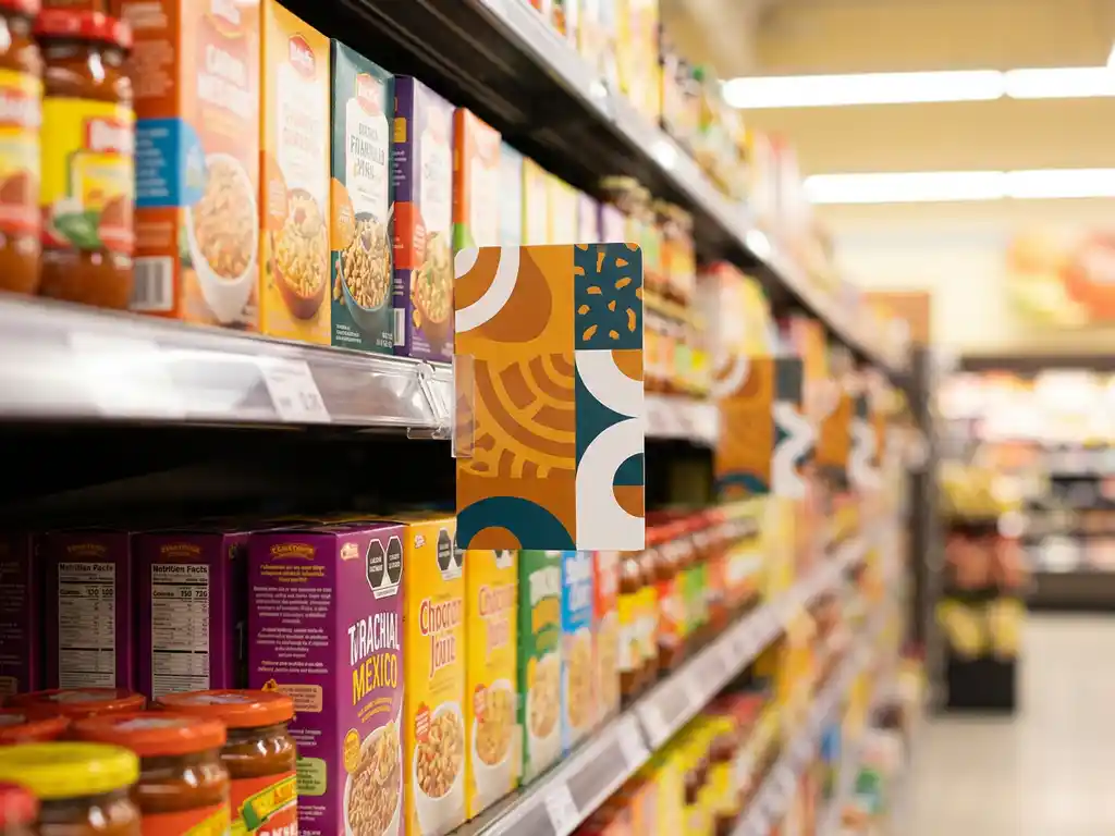 Stopper de góndola con gráficos llamativos en tonos ámbar y teal sobresaliendo del borde de un estante de supermercado mexicano.
