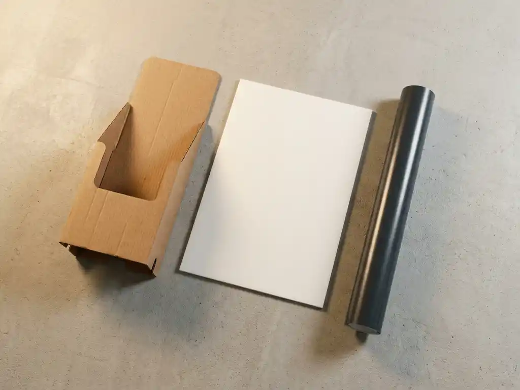 Expositor de cartón corrugado, plancha de foam blanco rígido y rollo de vinilo impreso sobre superficie de hormigón, iluminación de estudio cálida.