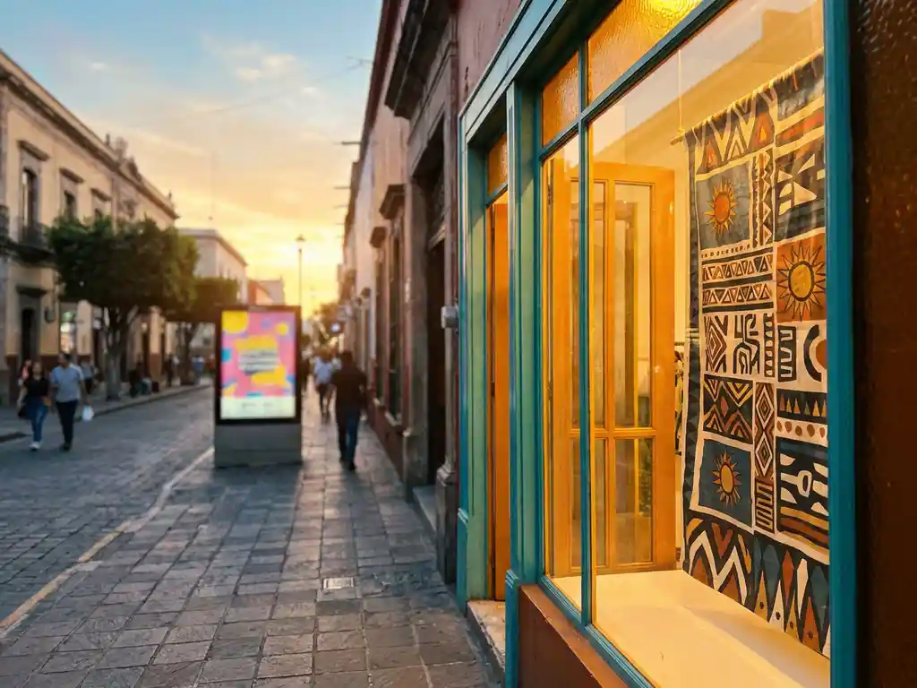 Fachada de tienda mexicana al atardecer con banner promocional en vitrina iluminada y espectacular publicitario al fondo en calle urbana.