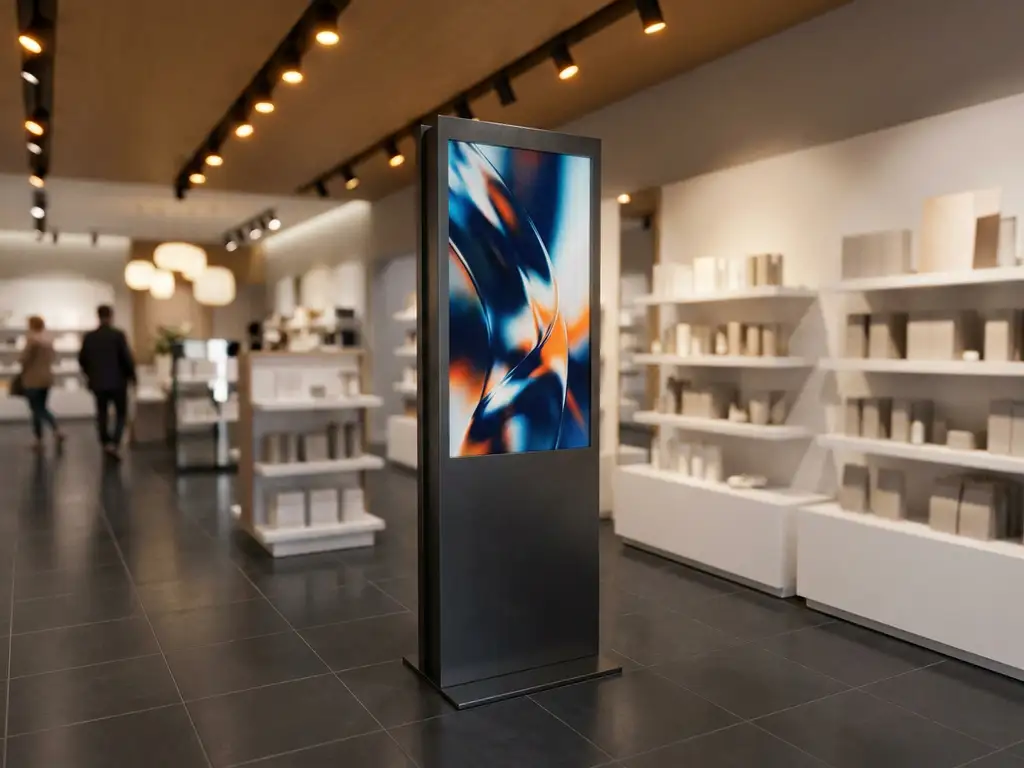 Tótem publicitario vertical con gráficos impresos en tienda minorista moderna, iluminado por focos cálidos sobre suelo de baldosa pulida.