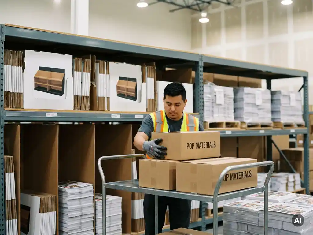 Trabajador de almacén cargando cajas de material POP etiquetadas en un carrito, con displays y folletos organizados en estanterías metálicas al fondo.