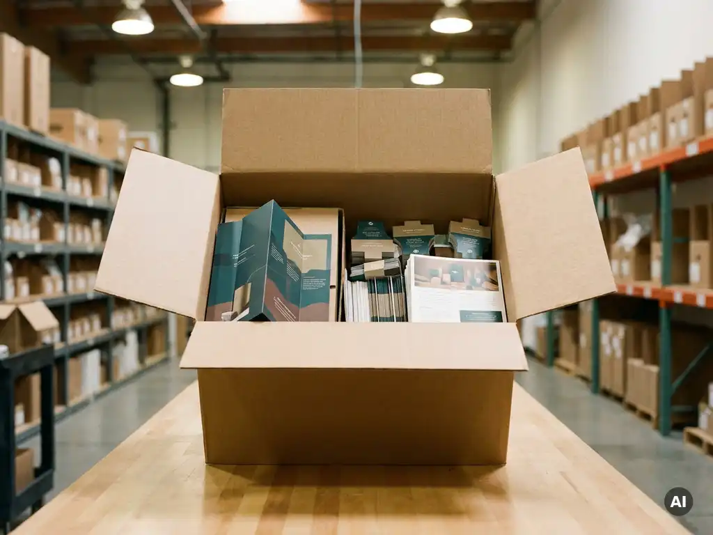 Caja de cartón con materiales impresos de retail —flyers y displays plegados— sobre mesa de almacén con iluminación industrial cálida.