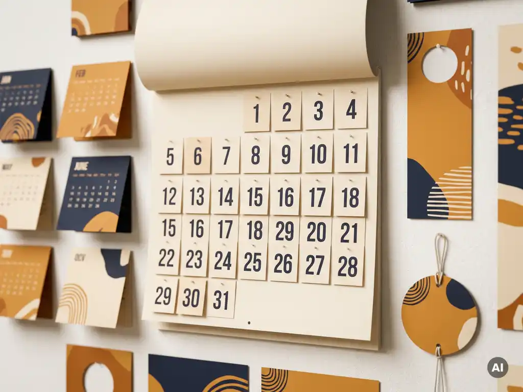 Calendario de pared abierto junto a materiales POS minoristas —flyers, stopper y dangler— organizados por mes en tonos ámbar y azul marino.