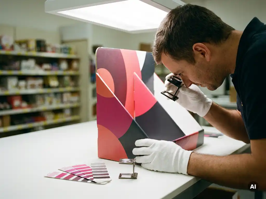 Técnico de control de calidad con guantes inspeccionando display POP impreso, con muestras de color y lupa sobre superficie blanca.