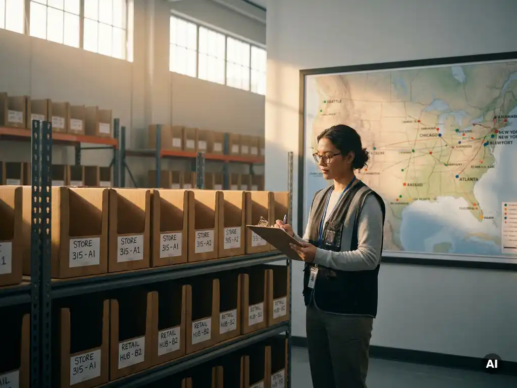 Coordinador de almacén con portapapeles frente a estantes metálicos con cajas de displays POP etiquetadas y mapa de destinos minoristas al fondo.