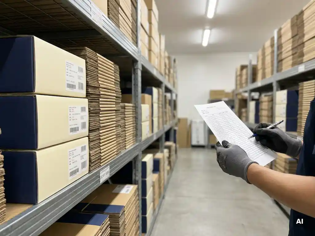 Manos de trabajador verificando lista impresa junto a cajas de displays POP apiladas en estantería metálica de almacén organizado.
