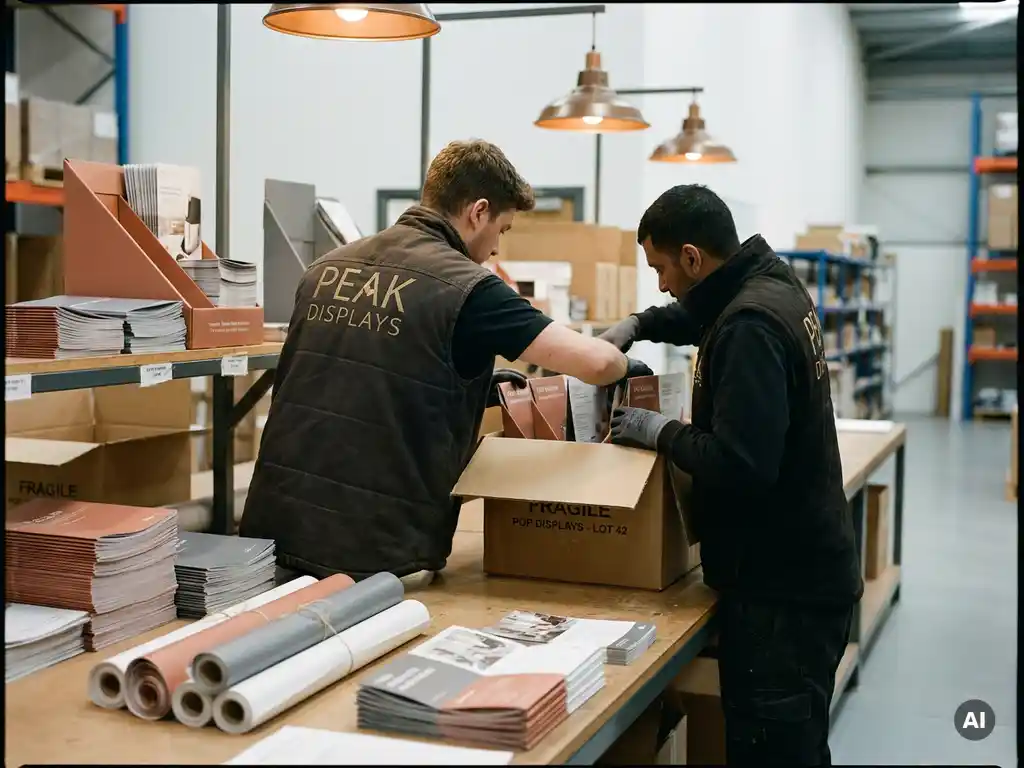 Trabajador de almacén empacando materiales de displays POP impresos en cajas etiquetadas, con flyers y banners de vinilo organizados sobre mesa industrial.