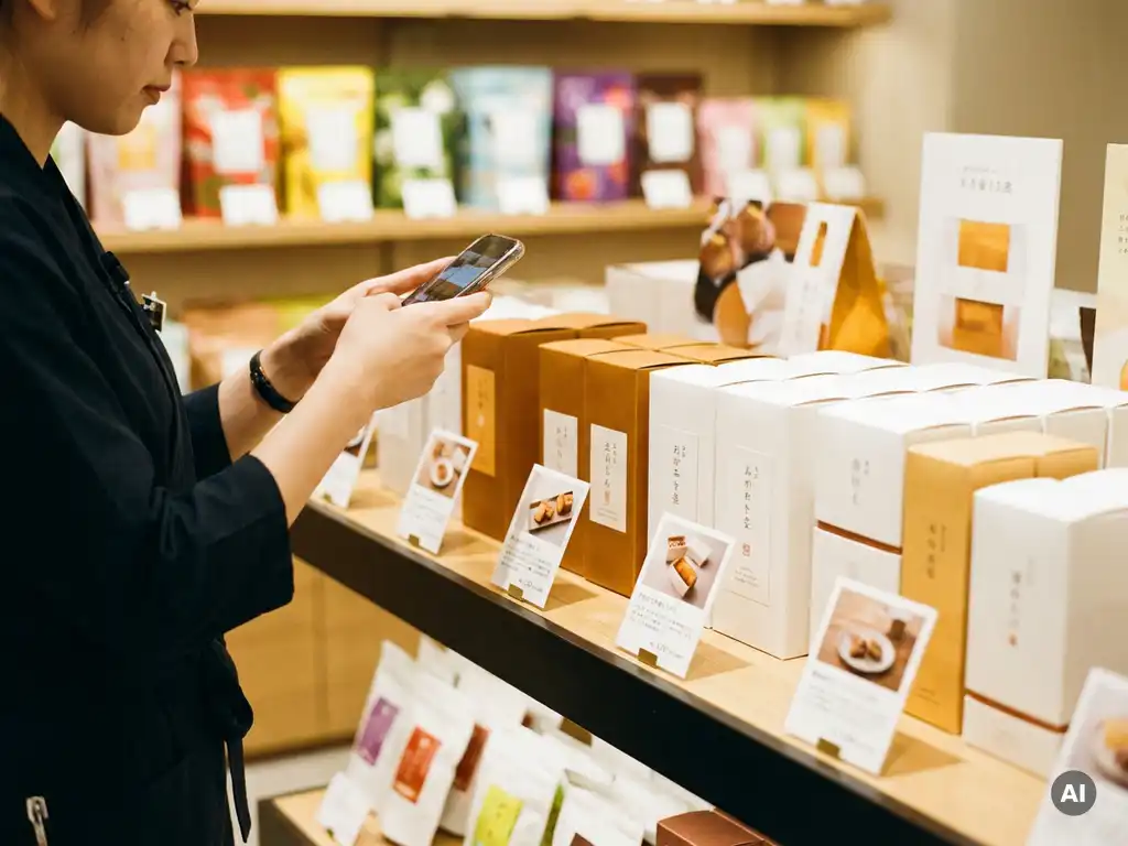 Empleado de tienda fotografiando con smartphone una exhibición de productos con materiales promocionales en estante iluminado.