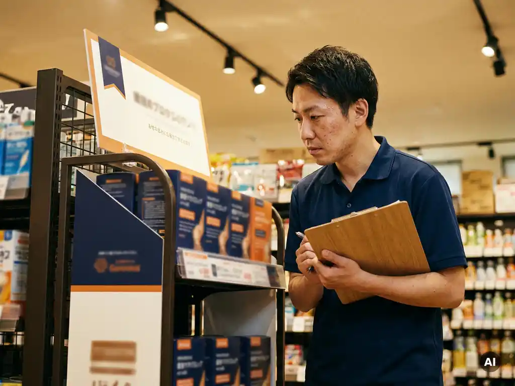 Empleado de tienda con portapapeles inspeccionando un expositor promocional con señalización impresa bajo iluminación comercial cálida.