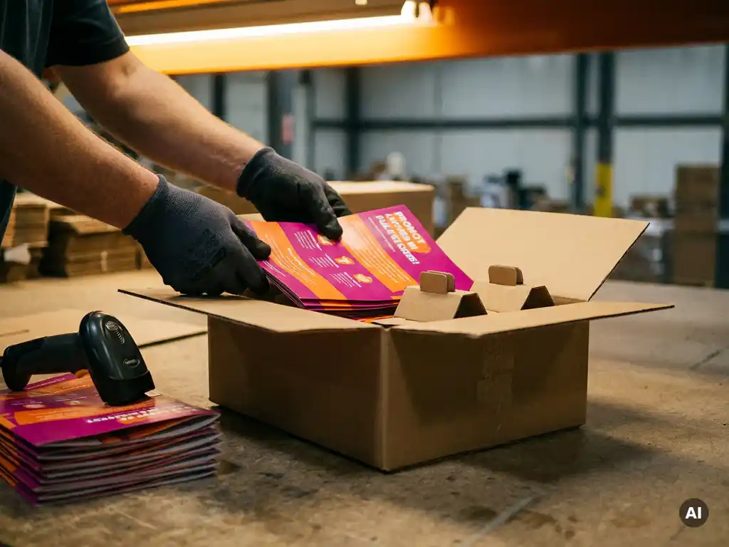 Manos enguantadas de operario empacando materiales POP coloridos en caja de cartón kraft, con flyers y stoppers apilados junto a escáner de código de barras.