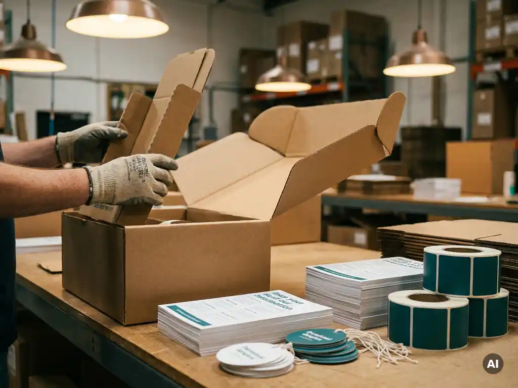 Manos enguantadas de trabajador ensamblando un kit POP minorista con folletos, colgantes y stickers junto a caja de cartón, iluminación industrial.