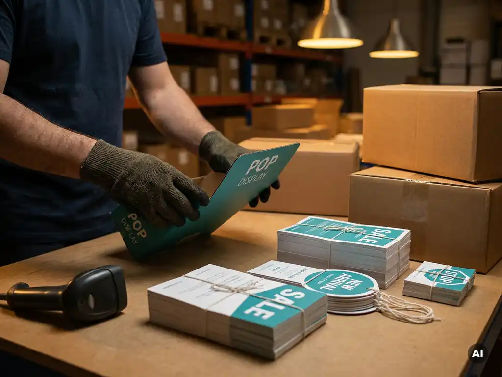 Manos enguantadas ensamblando un kit POP minorista en mesa de empaque con folletos, colgantes y materiales impresos junto a cajas de envío.