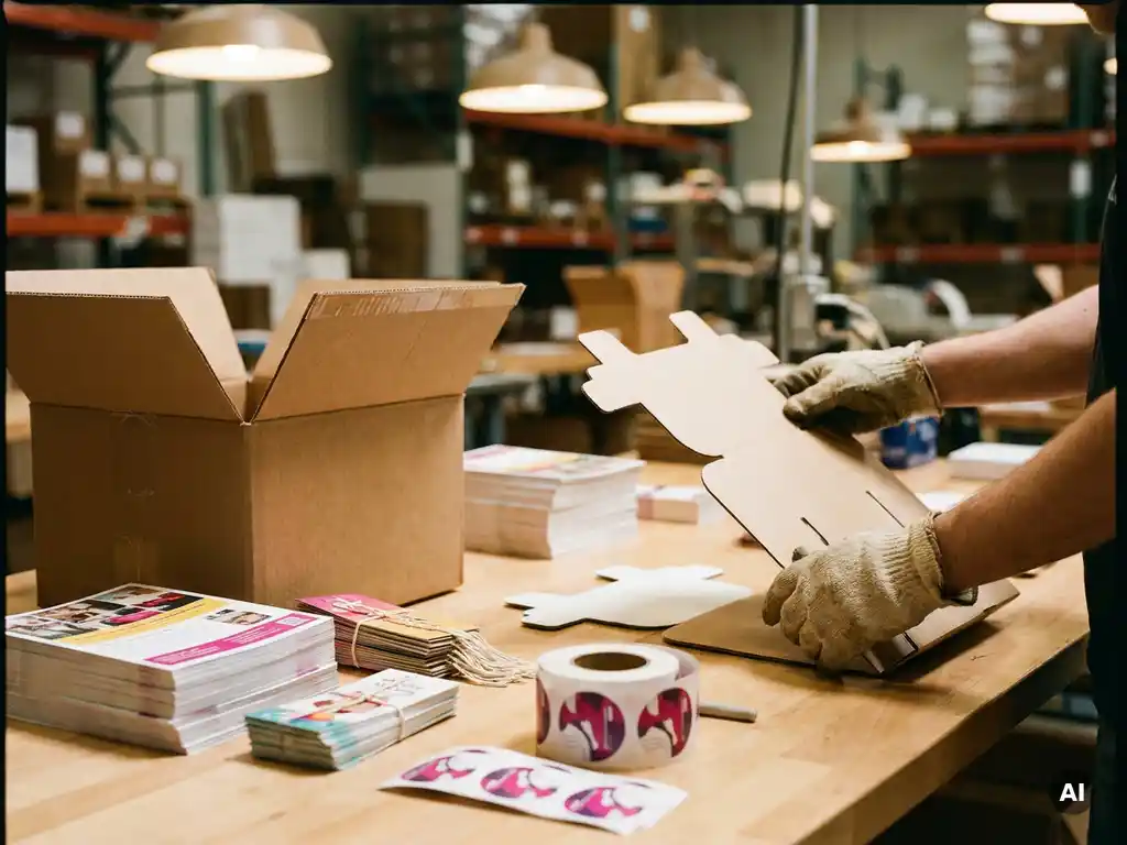 Manos enguantadas de operario ensamblando un kit POP de retail con flyers, danglers y stickers organizados junto a caja de cartón, iluminación industrial.