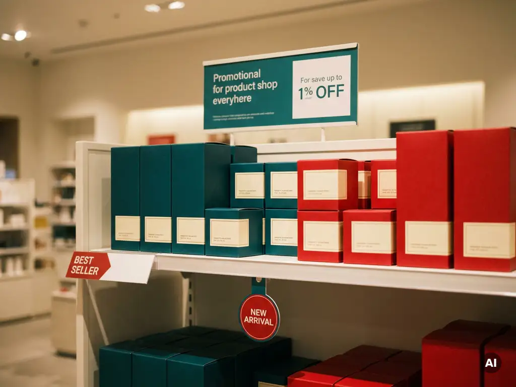 Estante de tienda con productos alineados con precisión, señalización promocional en rojo y verde azulado, iluminación cálida y profundidad de campo reducida.