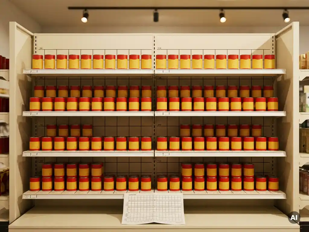 Estante de tienda minorista organizado con filas de productos coloridos alineados a marcas de cuadrícula, planograma impreso en la base.