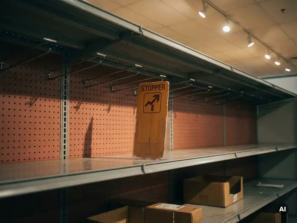 Estante de tienda casi vacío con un único cartel promocional solitario bajo iluminación cálida, transmitiendo escasez de materiales en punto de venta.