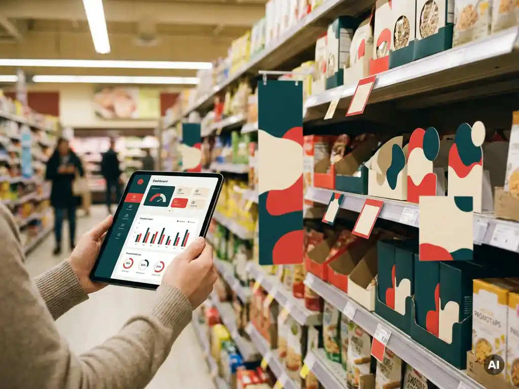 Pasillo de tienda con display POP organizado, colgantes coloridos y señalización promocional, mientras una mano sostiene tablet con panel de campaña.