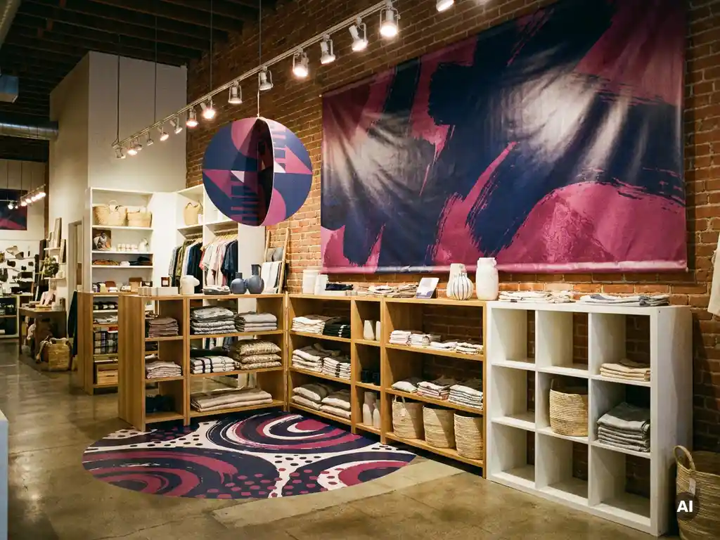 Pantalla minorista con banner de vinilo, colgante y gráfico de suelo en magenta y azul marino bajo iluminación cálida en pasillo de tienda.
