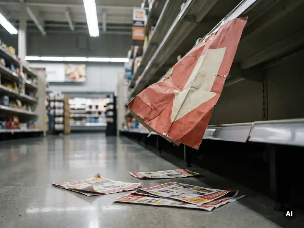 Cartel POP arrugado y desalineado cayéndose del borde de un estante de supermercado, rodeado de folletos promocionales esparcidos en el suelo.