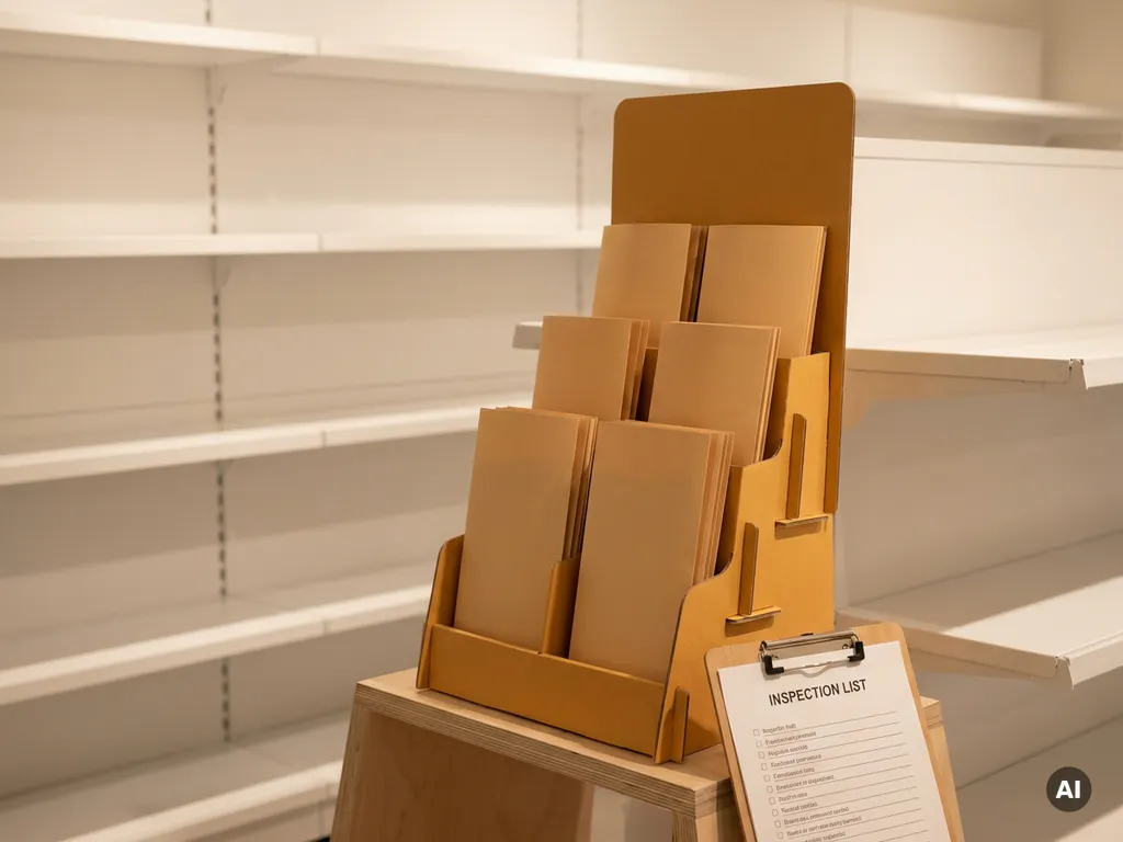 Exhibidor POP recién instalado en pasillo de tienda minorista con portapapeles de lista de verificación apoyado en la base.