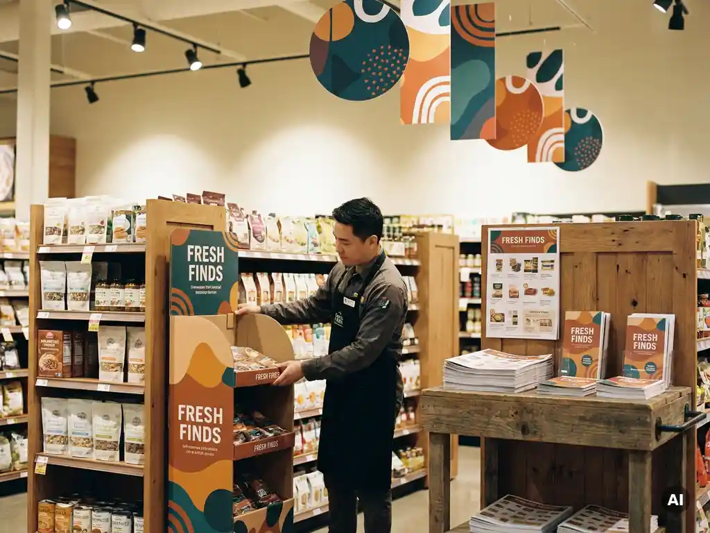 Trabajador de tienda colocando un display POP junto a estantes de productos, con colgantes impresos y folletos promocionales en carrito de madera.