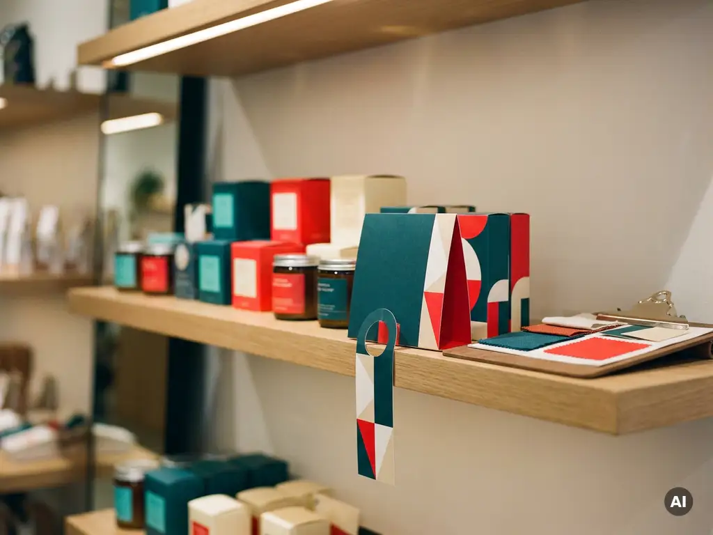 Exhibidor de tienda minorista con POP stopper y dangler colgante sobre estante, rodeado de productos empacados en tonos teal, blanco y rojo.